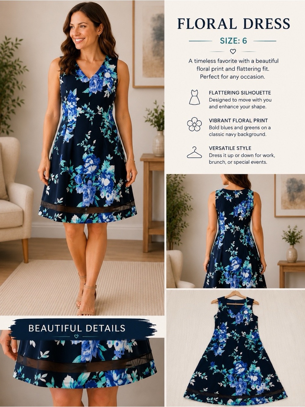💙 Beautiful V-Neck Dress with Blue Floral Print